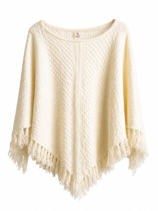 Vintage Sweaters - Qi Cashmere Vintage Cream Textured Knit Fringe Poncho Sweater One Size